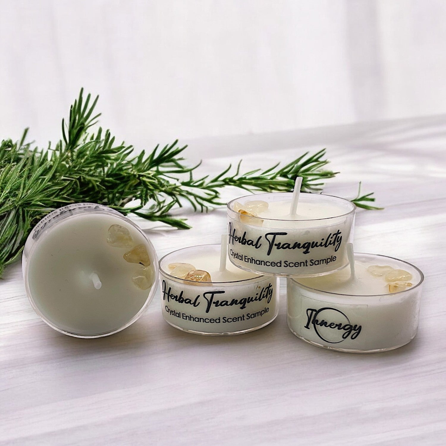 Herbal Tranquility, Premium Coconut-Soy Wax Tea Light Crystal Candle, 1oz